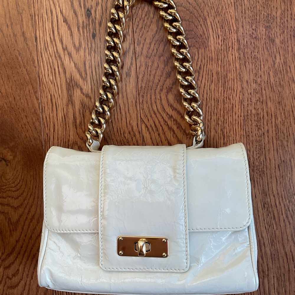 Marc Jacob’s “URSULA” Beige Patent Leather Bag with Gold Chain Handle